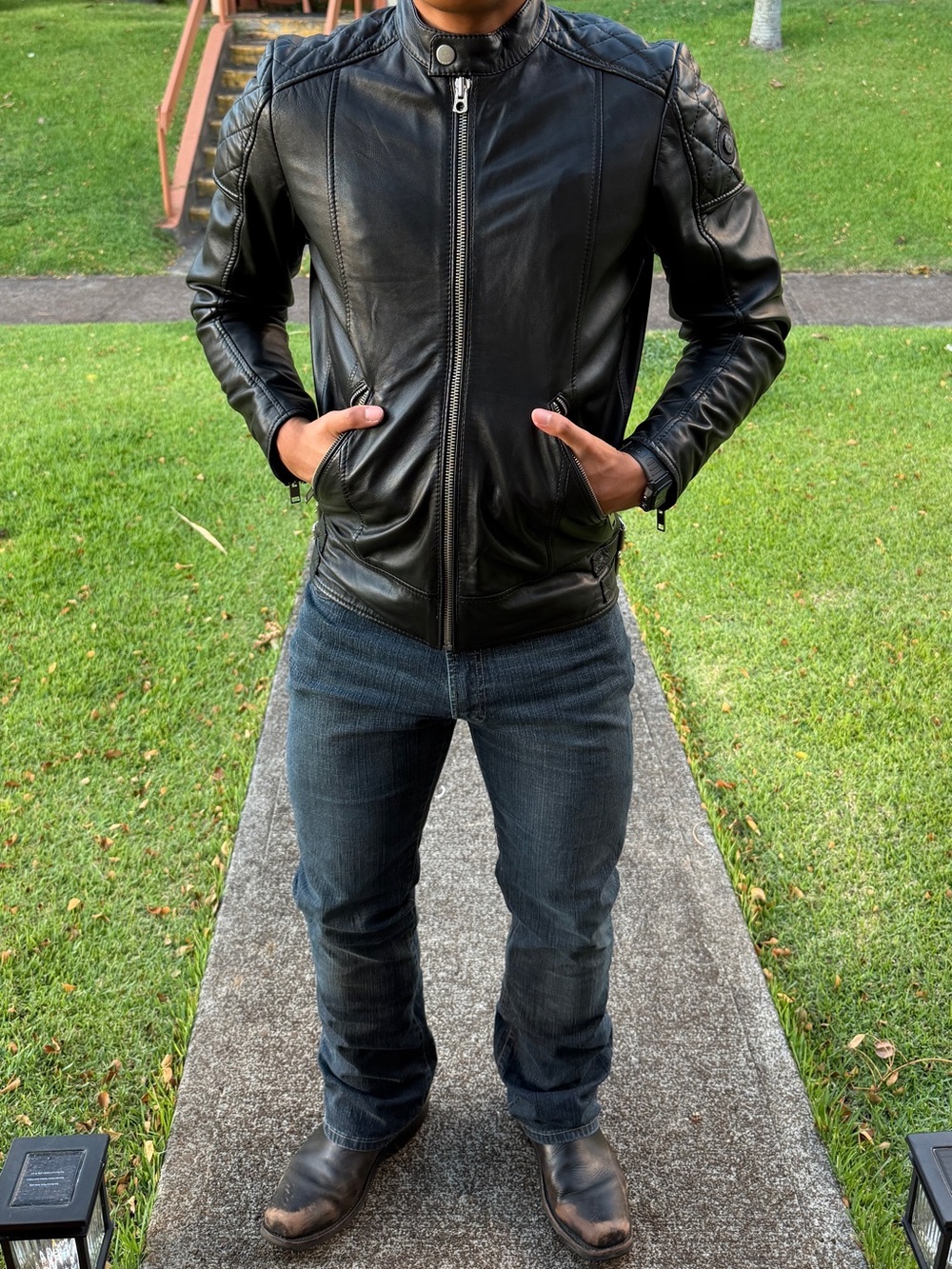 Diesel Black Leather Moto Jacket with Quilted Shoulders